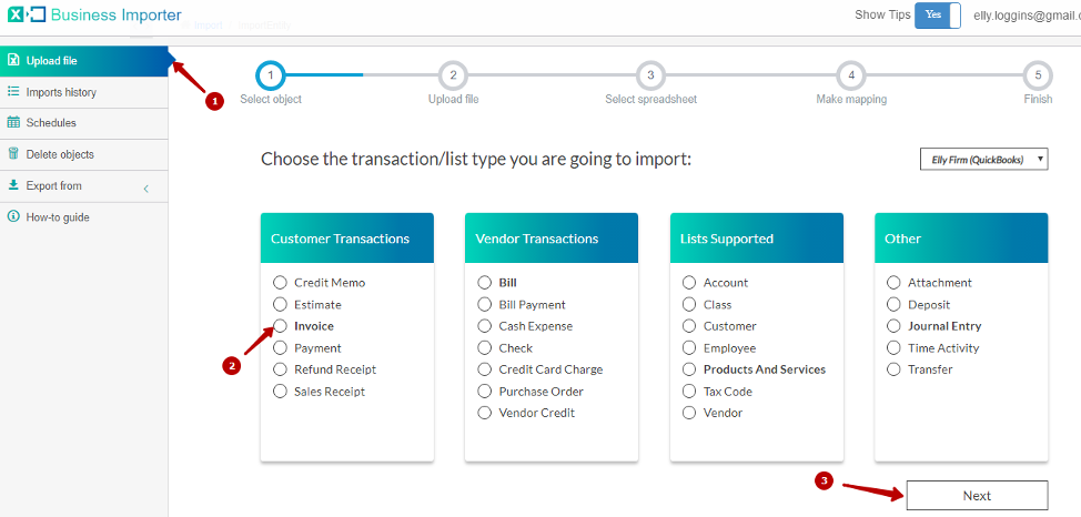 Step 3. Start transactions import in QuickBooks Online.