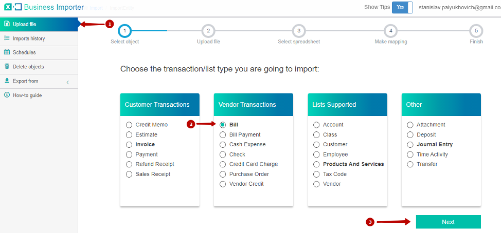 Click on Import file in left menu