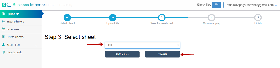 Select the desirable sheet in your file