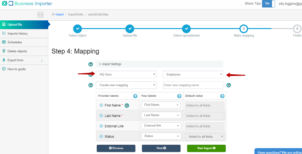 Select company in Xero you want to import Employees