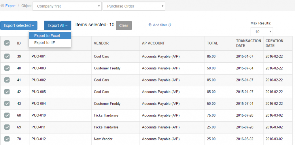 export purchase orders from QuickBooks Online