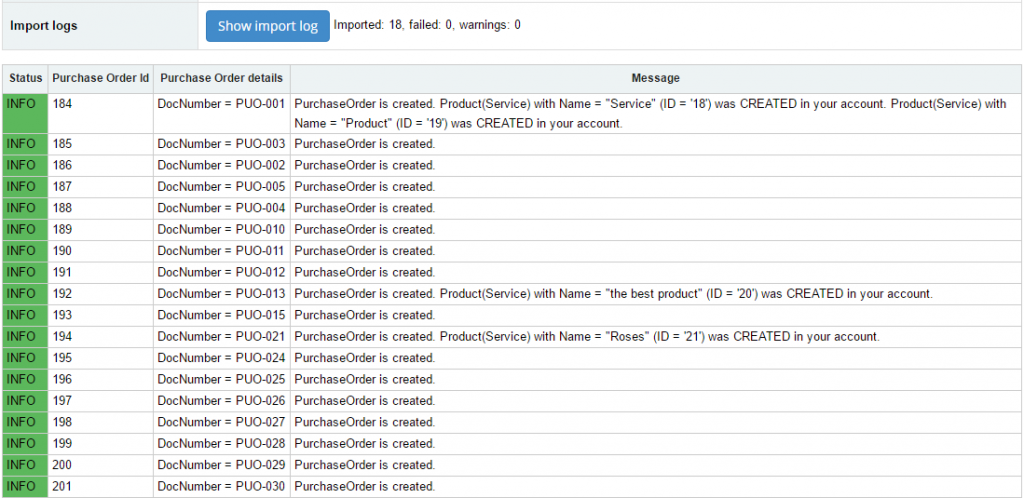 import purchase orders into QuickBooks Online: import log