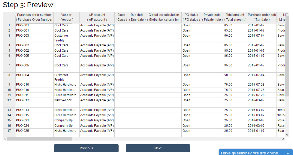 import purchase orders into QuickBooks Online