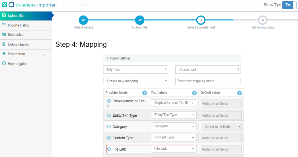 In the Mapping step select Attachment entity and map your labels