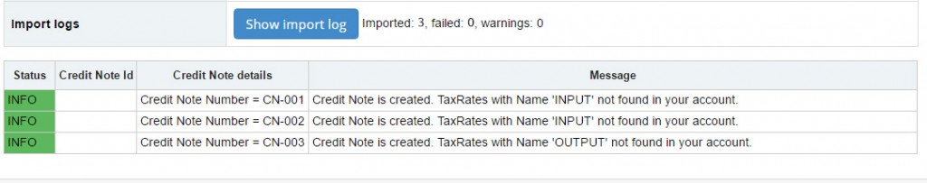 Import Credit Notes into Xero: import log