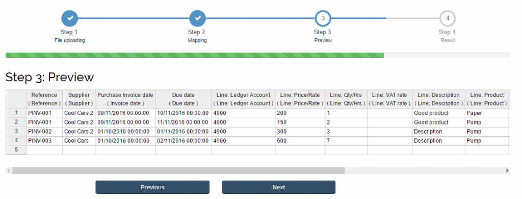 Import Purchase Invoices into Sage One: preview