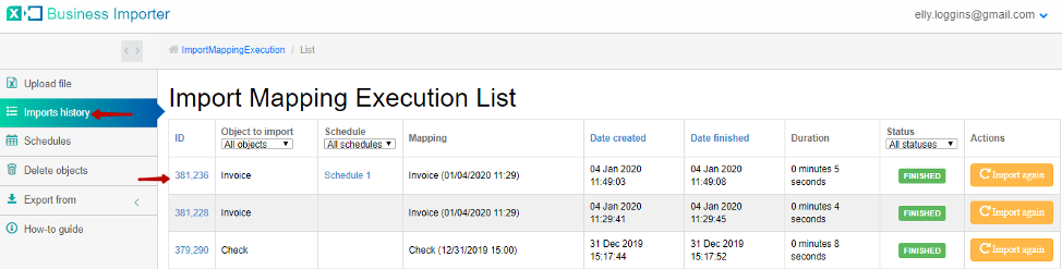 Schedule import result at Imports History