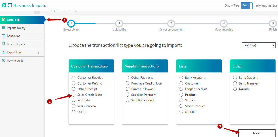 o to the Upload file  tab, choose Sales Credit Note entity and press Next