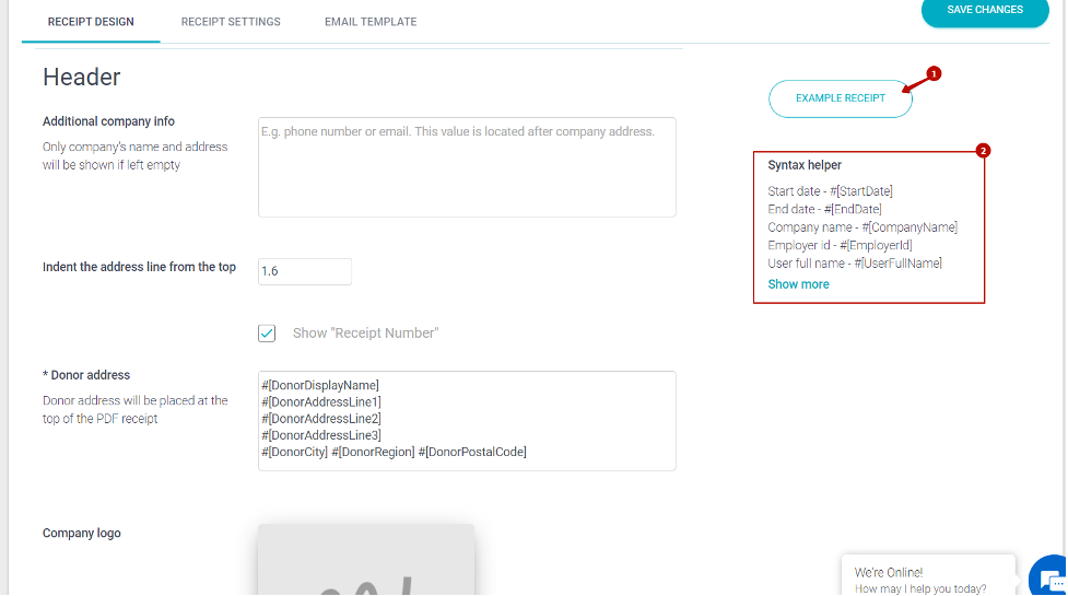 Use “Example receipt” (1) button to check how the receipt is going to look after you do some customization.