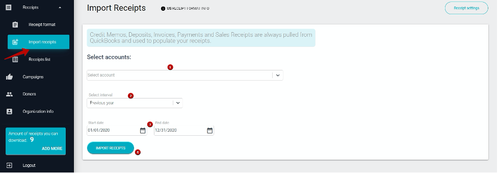 For importing transactions for a certain date range from a certain income account(s) choose the “Import receipts” tab.
