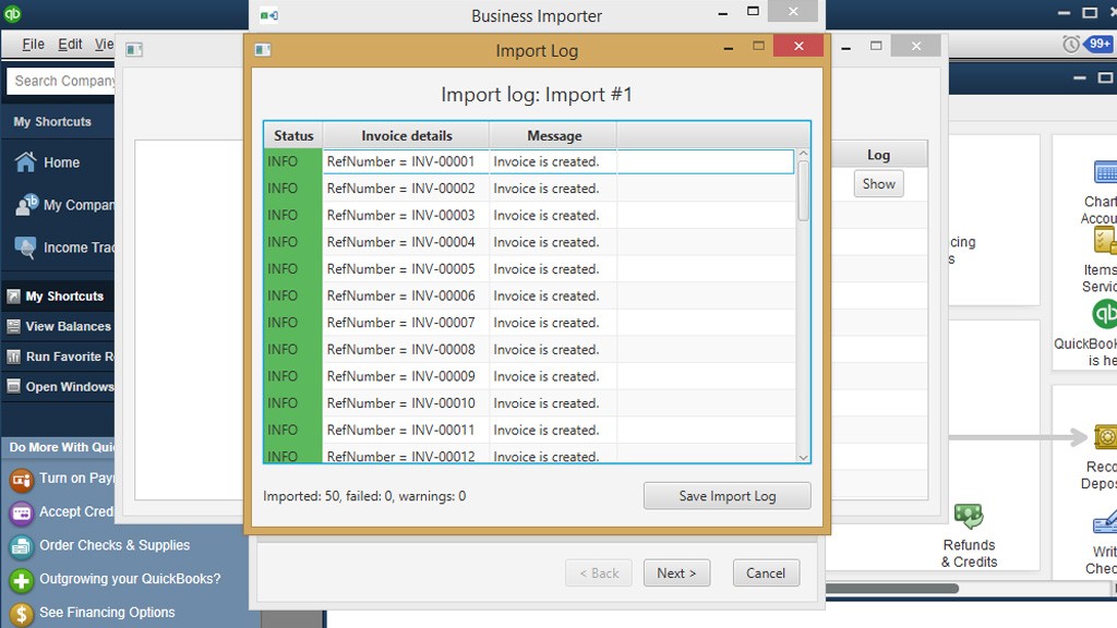 Import invoices into QuickBooks Desktop: Import log
