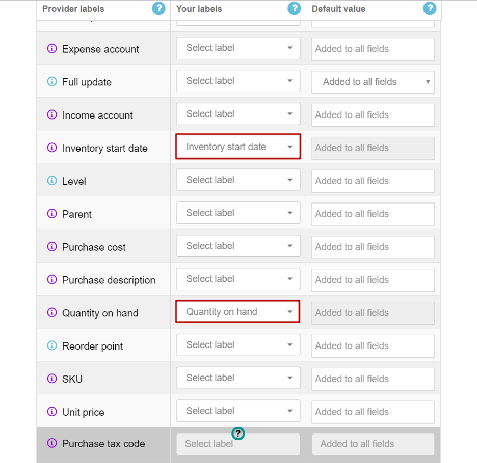 map columns while updating inventory in QuickBooks