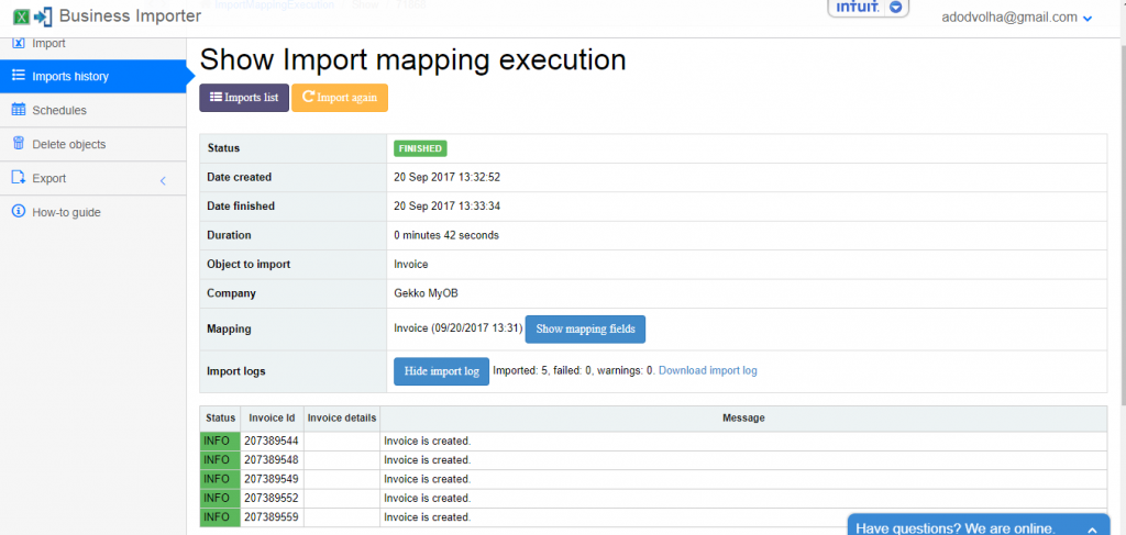 import invoices into myob