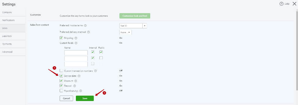 enable Service Date in QuickBooks