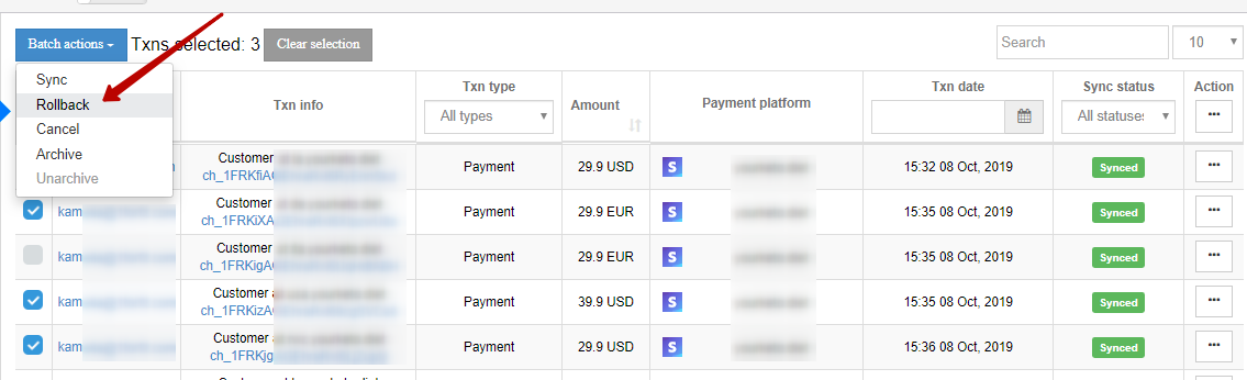 rollback transactions in QuickBooks Online via Business Payments