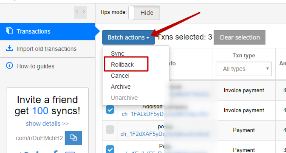 Batch Actions menu and Rollback.