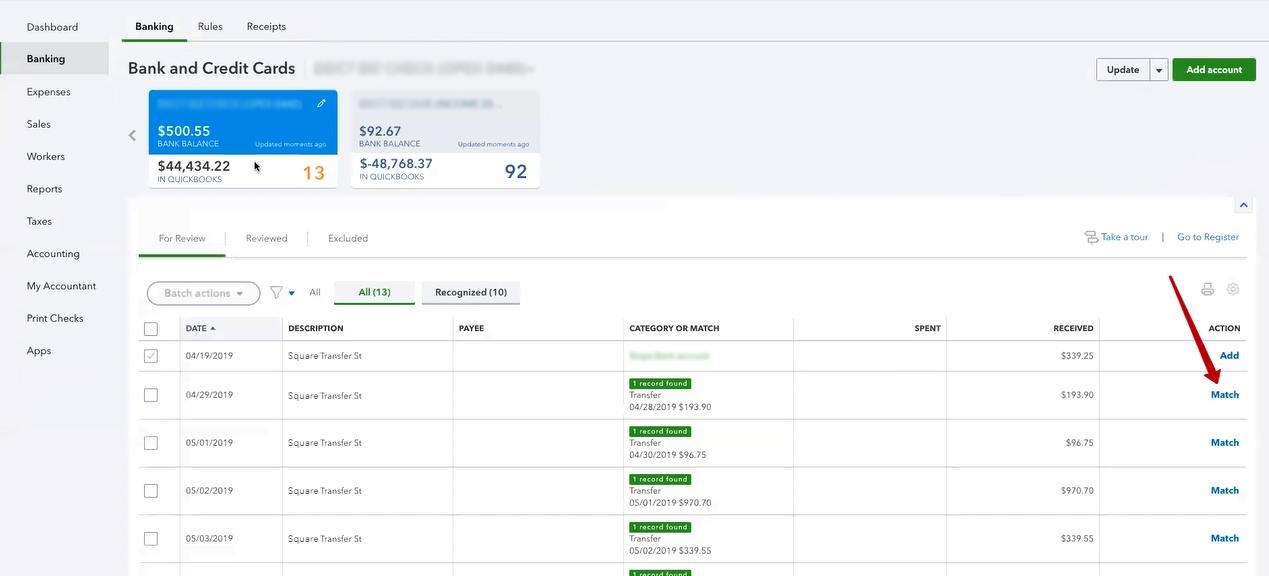 click on match next to Square withdrawals in "For Review" list