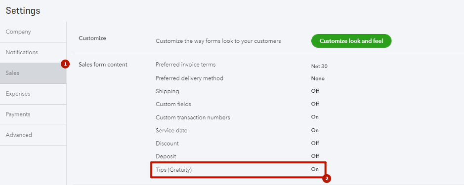 Check if the Tips(Gratuity) are enabled in your QuickBooks Company settings