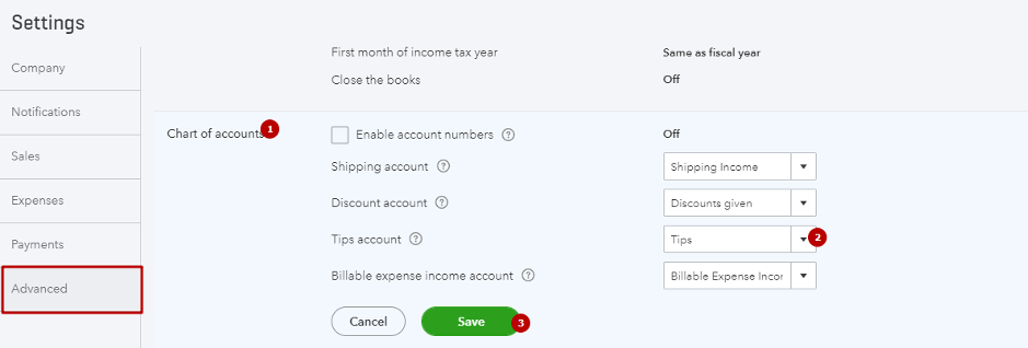 how to select your account for tips in the QuickBooks Online Advanced