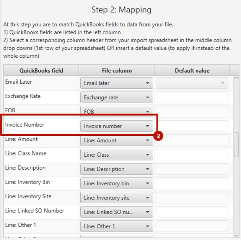 Map the Invoice Number field with corresponding header from your spreadsheet